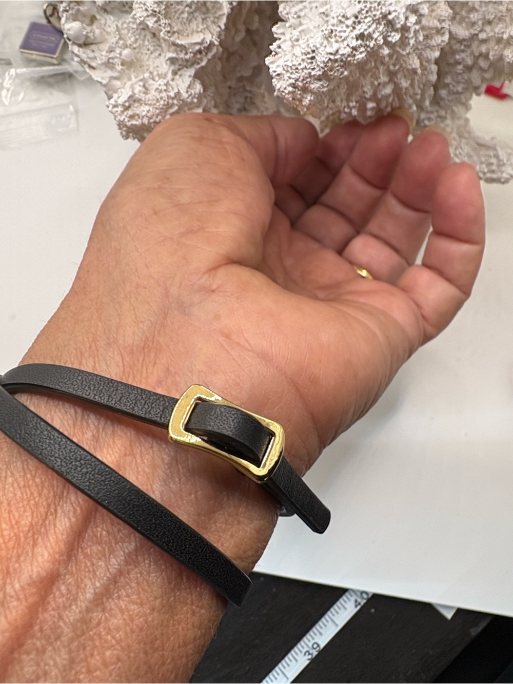 Alexander McQueen Black Double-Wrap Leather Bracelet with Gold Signature Dove - Picture 3 of 5